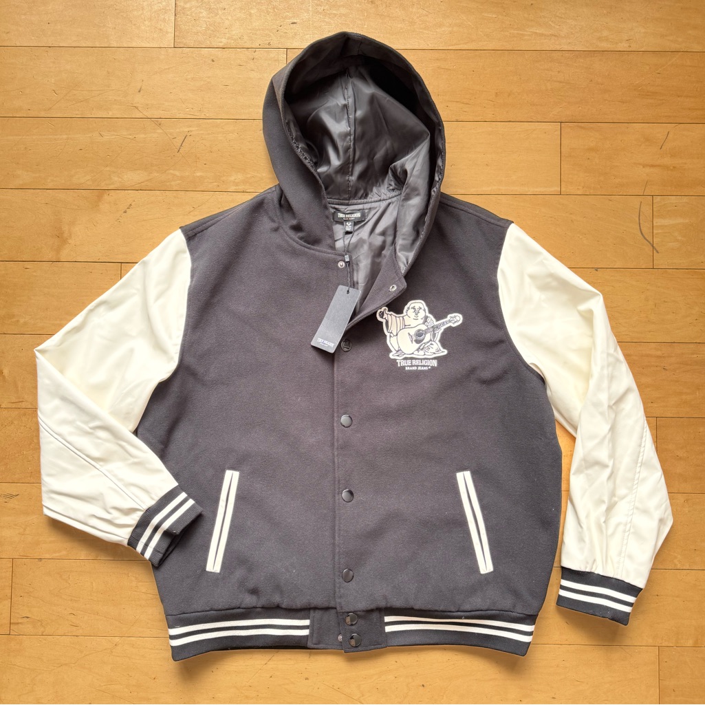 Nwt True Religion Buddha Logo Two Tone Varsity Letterman Jacket - Xl, Jet Black
